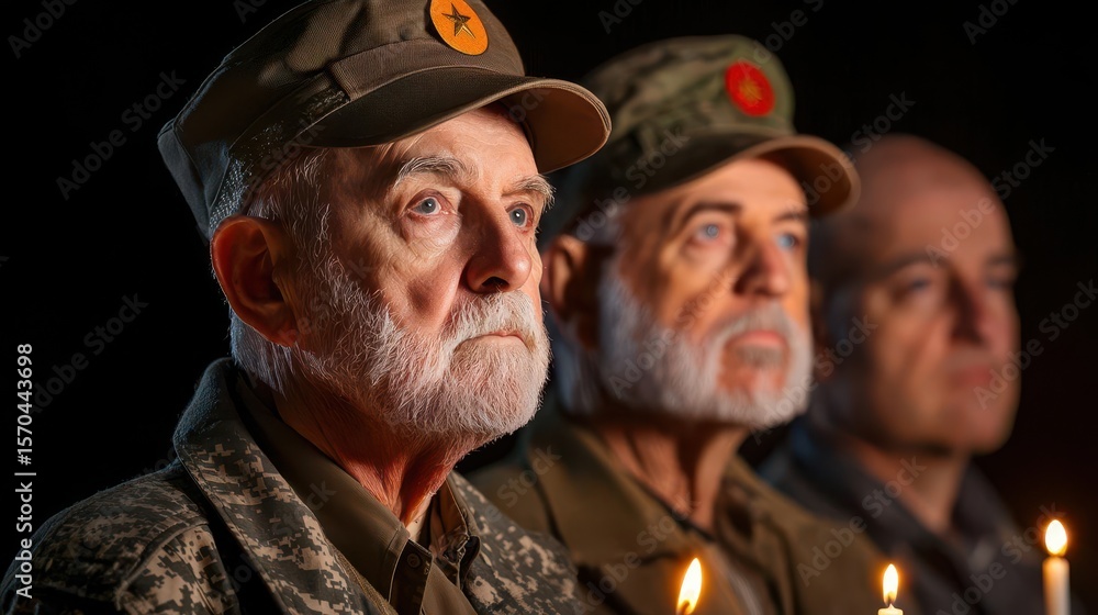 Fototapeta premium Veterans lighting candles at dusk, honoring fallen soldiers in quiet ceremony