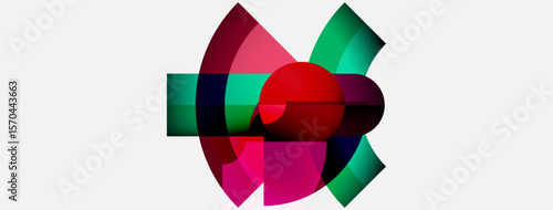 Abstract design features overlapping colorful arcs, creating dynamic visual impact. Red center draws attention, surrounded by pinks, greens, blues.