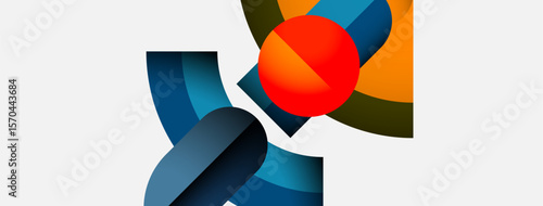 Abstract geometric shapes overlap, creating dynamic composition. Red sphere contrasts with blue, orange hues. Minimalist design, clean aesthetic.
