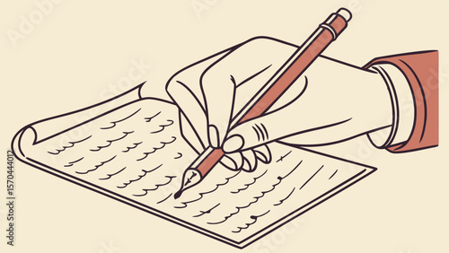 A hand holding a pen writing on a sheet of paper with lines and a cream colored background is shown here