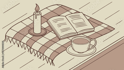 Cozy scene with candle, open book, and cup of coffee on a checkered blanket on a wooden surface