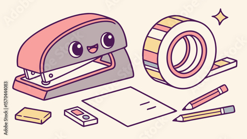 Illustration of a cute pink stapler with a smiling face, tape dispenser, paper, eraser and pencils on desk