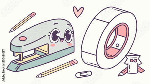 Illustration of a cute stapler with eyes, pencils, tape, paper clip, and a heart on a light background