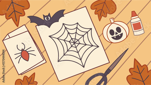 A halloween themed craft scene featuring drawings of a spider, bat, web, pumpkin, and crafting supplies
