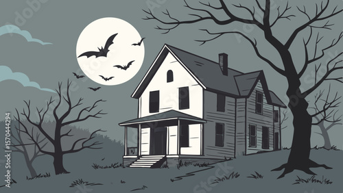 Illustration of a spooky house under a full moon with bats flying around and bare trees in the foreground