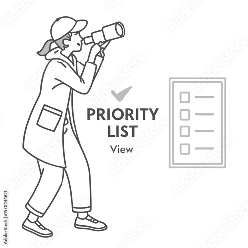 Woman looking through telescope at priority list with check mark in a minimalist line art style
