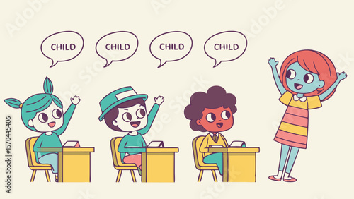 Illustration of children raising hands in a classroom setting with a teacher standing beside them all happy