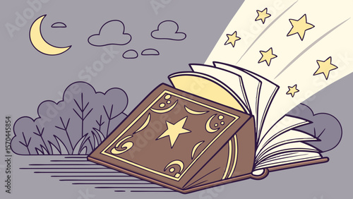Illustration of an open book emitting stars under a crescent moon with clouds and trees at night time