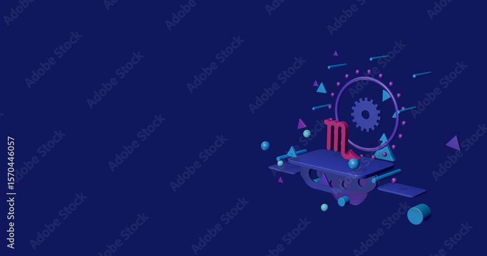 Obraz premium Pink zodiac scorpio symbol on a pedestal of abstract geometric shapes floating in the air. Abstract concept art with flying shapes on the right. 3d illustration on indigo background