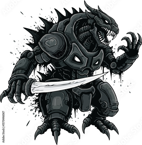Armored reptilian creature with sharp claws and teeth, wielding a blade, standing in a menacing pose.