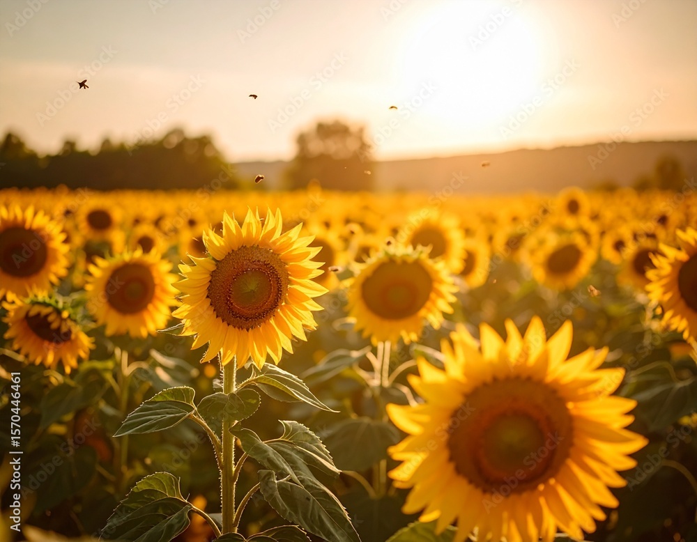 Fototapeta premium Vibrant Sunflower Field at Sunset A Golden Hour Landscape