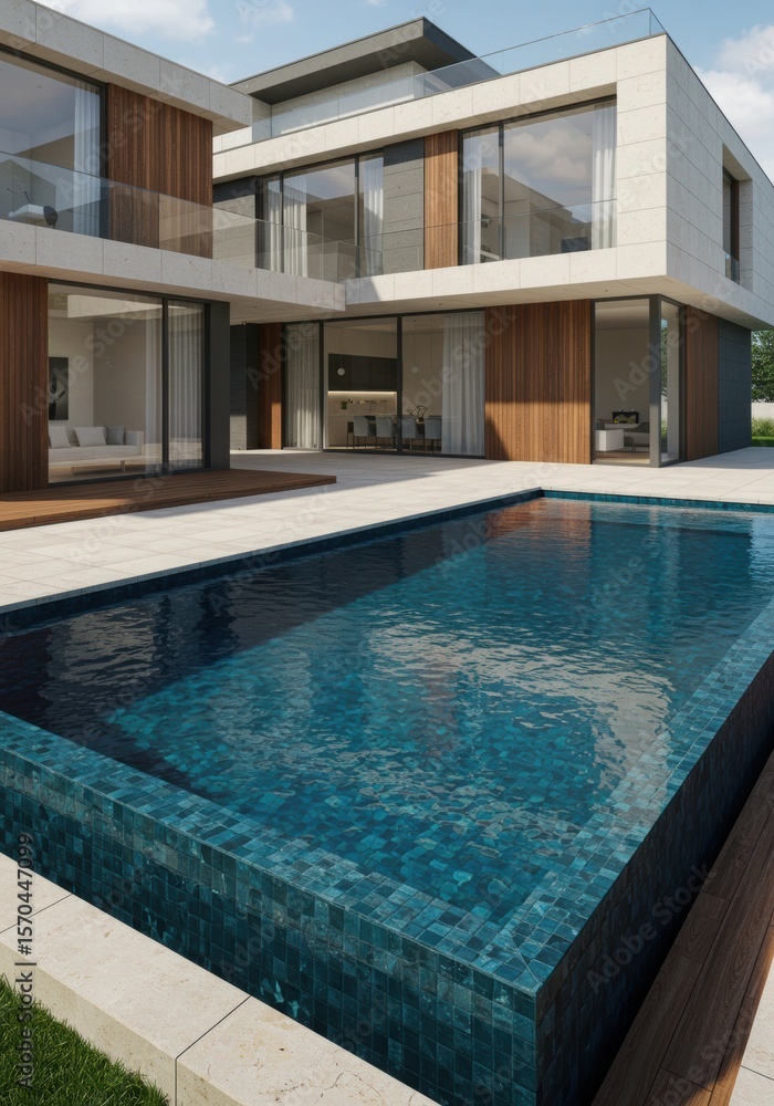 Obraz premium Modern house with a swimming pool reflecting the sky and the building on a sunny day outside