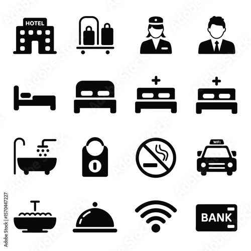 Hotel and Hospitality Icon Set in Black service room