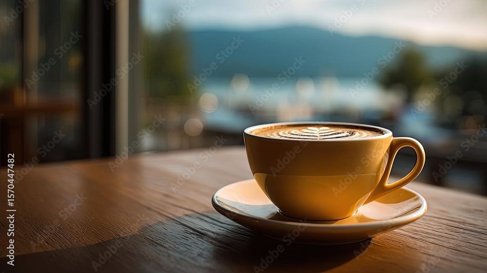 Obraz premium Daily quiet coffee with signature brew and mellow concept. A warm cup of coffee on a wooden table with scenic view.