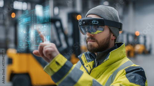 Lagerarbeiter mit AR-Brille nutzt digitale Steuerung in moderner Logistikhalle. Künstliche Intelligenz KI