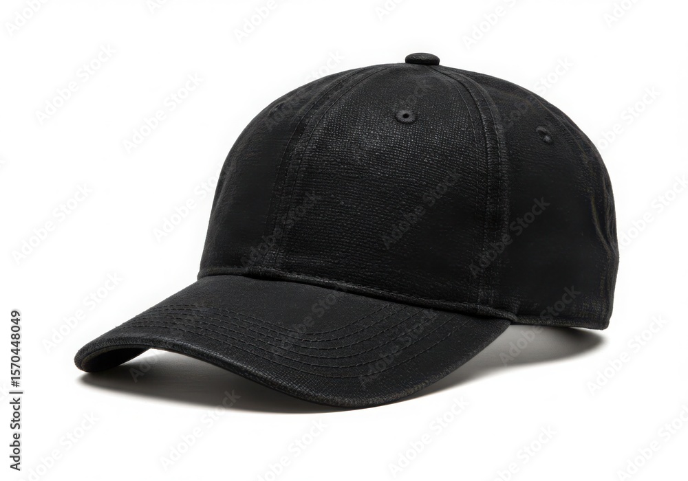 Fototapeta premium Minimalist black baseball cap with textured fabric and curved brim