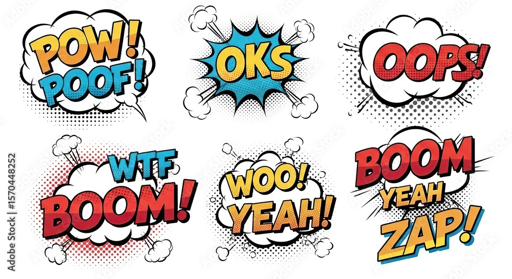 Colorful Comic Style Sound Effect Speech Bubbles with Explosive Cartoon Words on White Background Colorful Comic Style Sound Effect Speech Bubbles with Explosive Cartoon Words on White Background