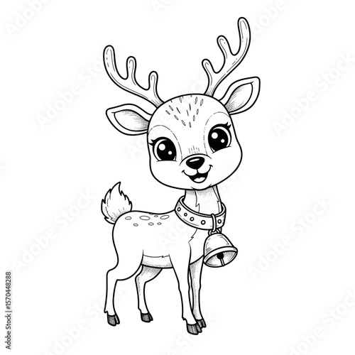 A cheerful cartoon deer with big eyes and tall antlers stands smiling, wearing a jingle bell collar in a playful and festive pose.