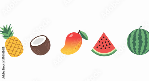 Happy summer text set vector icon with assorted tropical fruits including mango, melon, coconut