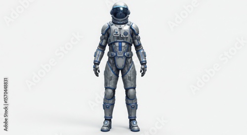 Futuristic astronaut spacesuit with blue accents on a white background