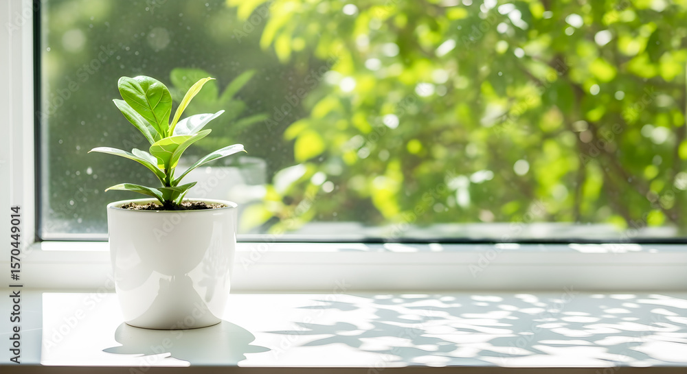 Green ficus houseplant sits on a windowsill enjoying the sunlight with tree branches blurred outside in a serene indoor scene. Green ficus houseplant sits on a windowsill enjoying the sunlight with tree branches blurred outside in a serene indoor scene.