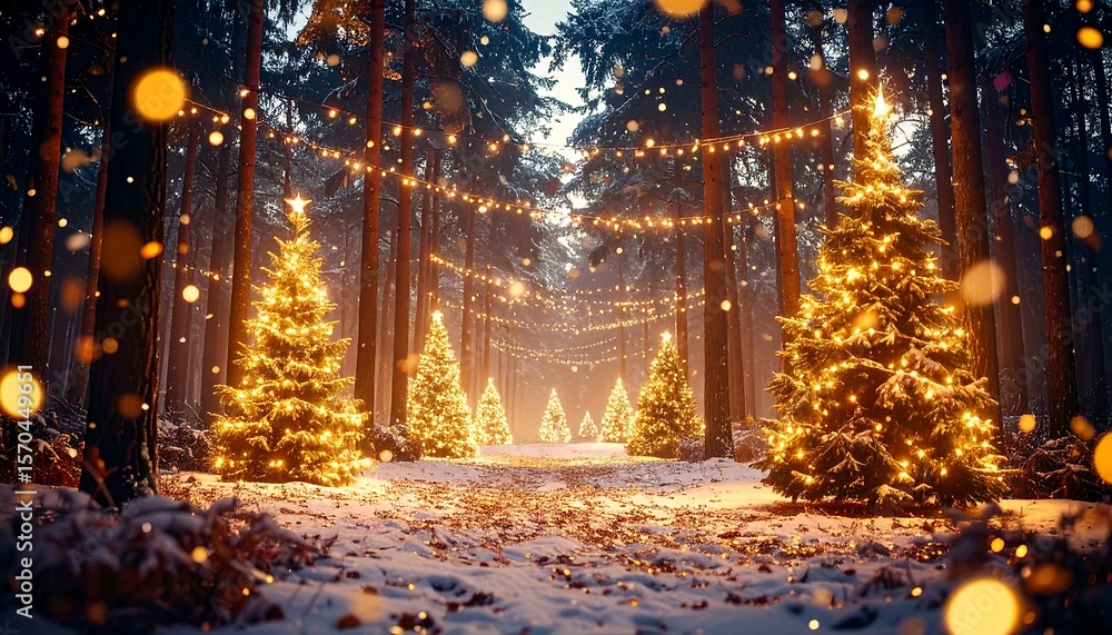 Fototapeta premium Decorated Trees in Snowy Forest with Lights Winter Scene