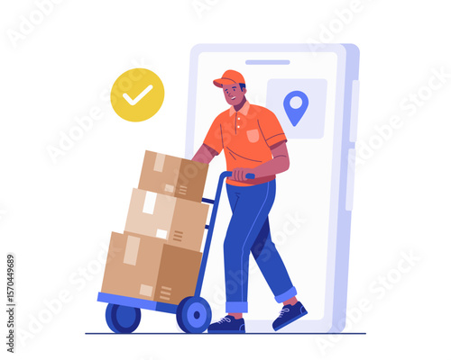 Illustration of a delivery man pushing a trolley full of boxes, stepping out from a giant smartphone interface. Concept of parcel delivery and smart logistics service