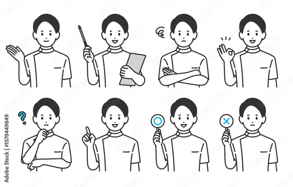 いろいろな表情・ポーズをする男性医師・看護師・技師のセット【人物ベクターイラスト素材】 いろいろな表情・ポーズをする男性医師・看護師・技師のセット【人物ベクターイラスト素材】