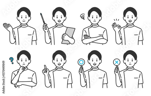 いろいろな表情･ポーズをする男性医師･看護師･技師のセット【人物ベクターイラスト素材】