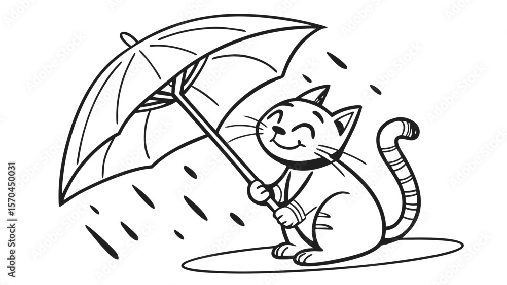 Obraz premium Cat Sitting with Umbrella Silhouette � Happy Pet Pose for Gifts, Prints, and SVG Decor Files
