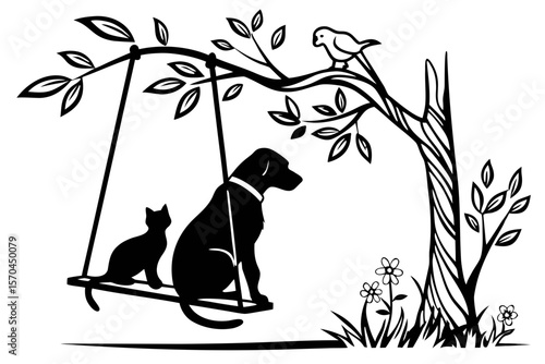 Cat and Dog Sitting Together on Wooden Swing Silhouette � Cozy Friendship Pet Scene for Couples, Gift Cards & Nursery Art