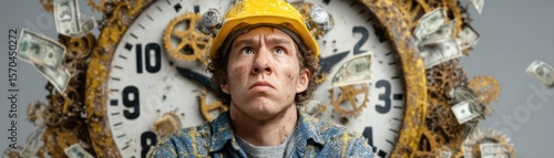 Wage adjustment for hourly pay and basic salary concept. A focused worker with a hard hat looks at the clock and money.