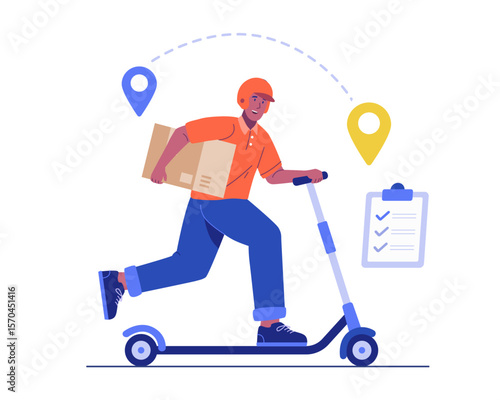 A delivery man riding an electric scooter while carrying a package. Concept of fast shipping, express courier service, and modern urban delivery. Flat vector illustration