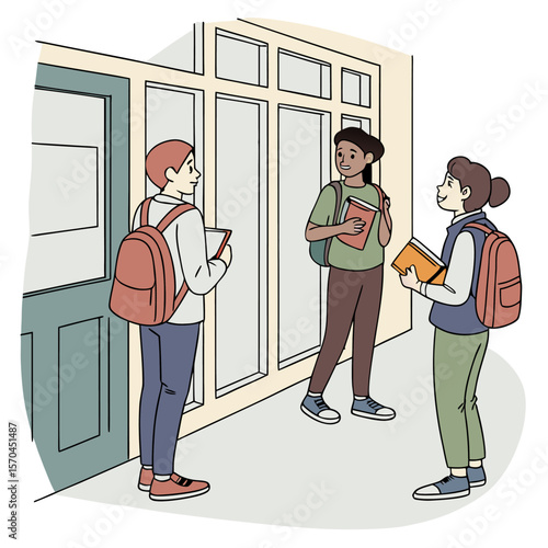 Three students with backpacks and books standing near a door and window in a school hallway area setting