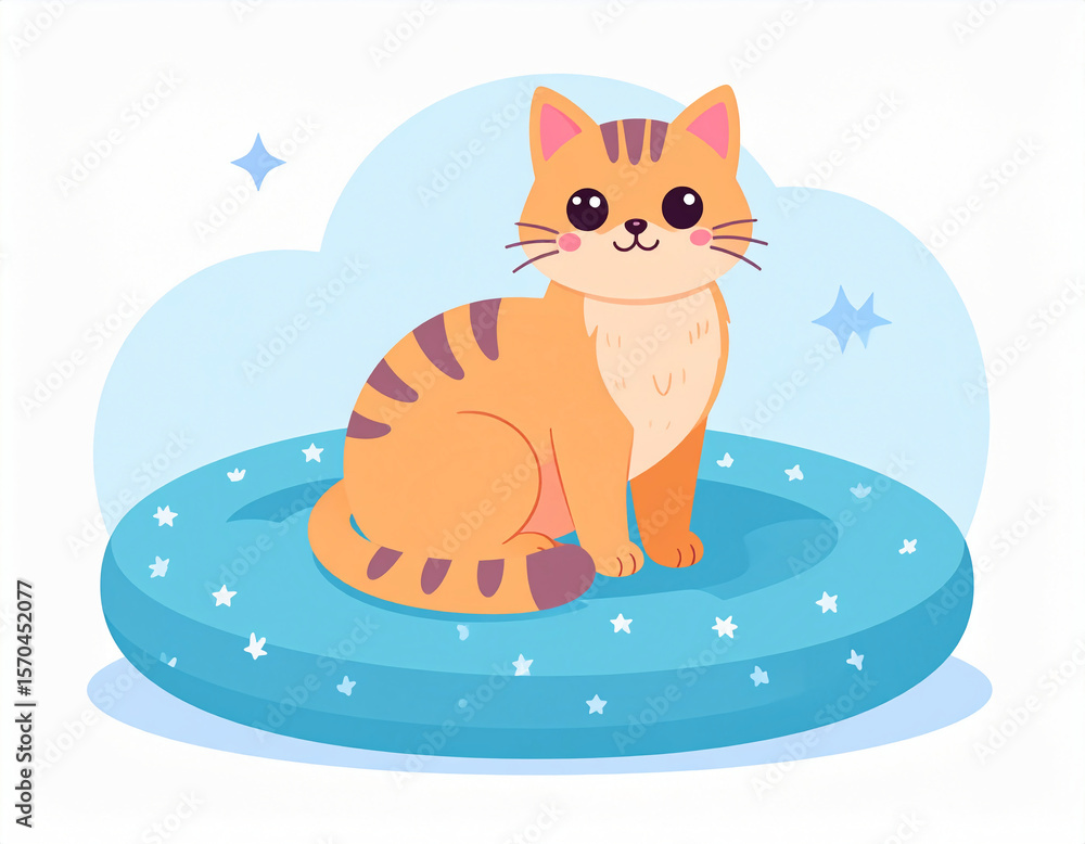 Fototapeta premium Adorable cartoon cat with big eyes on cushion in kawaii vector style