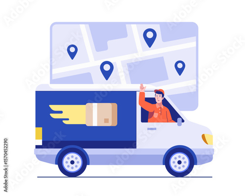 A friendly delivery driver waves from a van while navigating a digital map interface with location pins. Illustration concept of express logistics, courier tracking, and package delivery service