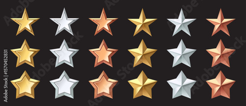 Glossy 3D Gold, Silver, and Bronze Stars Set – Realistic Metallic Icons for Game Rewards, Customer Feedback, UI Badges, Mobile App, Winner, and Champion Achievement Design