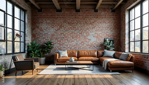 Rustic living room with exposed brick wall and leather sofa. Represents industrial chic, comfort, or urban loft style. Stylish and cozy.

