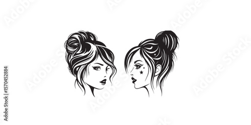 Print   Messy hair bun, vector woman silhouette. Beautiful girl drawing illustration