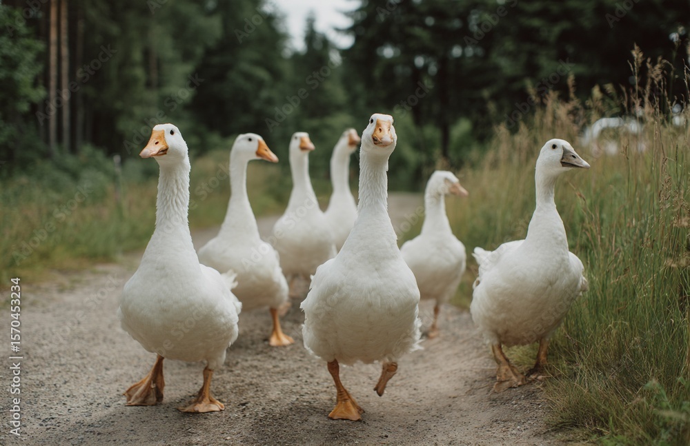 White Geese Walking on a Country Road White Geese Walking on a Country Road