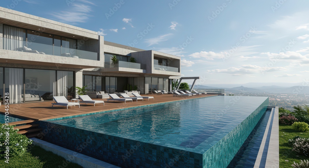 Fototapeta premium Modern villa with infinity pool and deck chairs overlooking a valley on a sunny day with blue sky