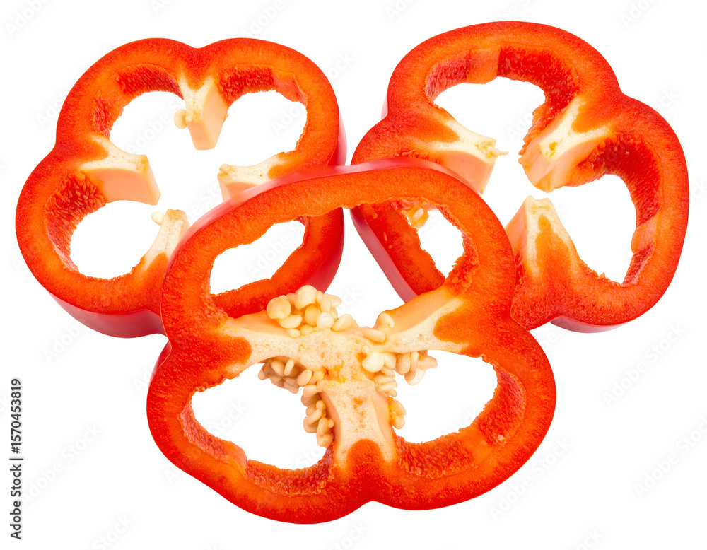 Three vivid red bell pepper slices, arranged artfully, showing inner structure Three vivid red bell pepper slices, arranged artfully, showing inner structure