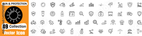 Collection of 49 vector icons representing sun and protection concepts