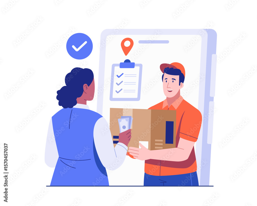 Φωτογραφία Illustration of a female customer paying cash to a male courier while receiving a package
