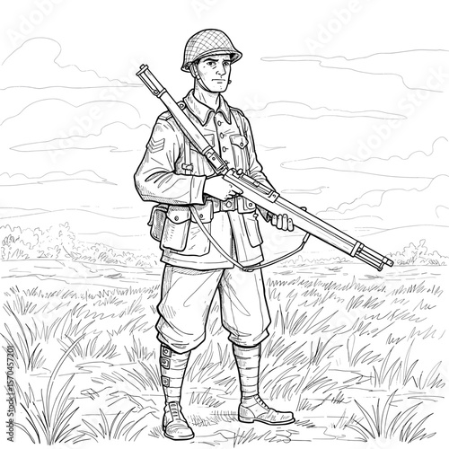 A World War II-era soldier stands in a grassy field, wearing a helmet and uniform with multiple pockets, holding a rifle against a backdrop of hills and cloudy sky.