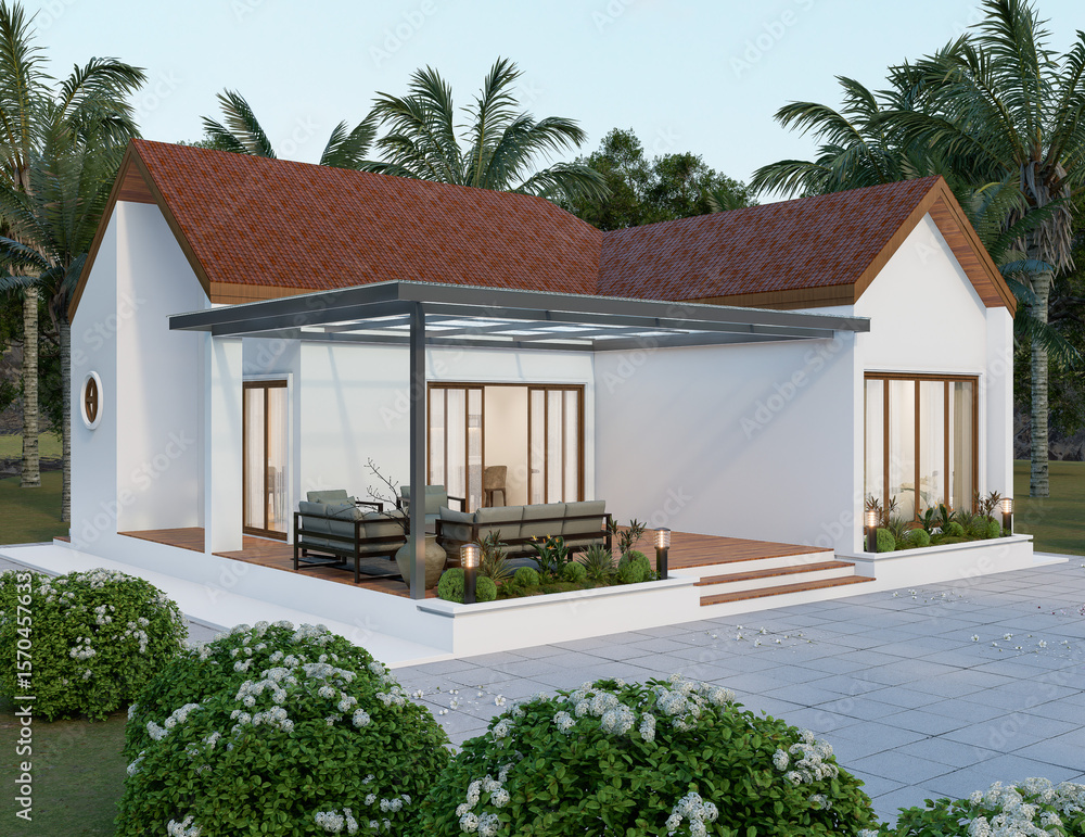 Fototapeta premium Modern Single-Story House with Terrace and Tropical Landscape
