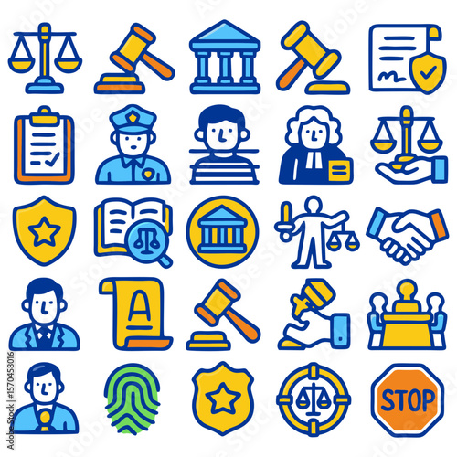 A collection of colorful, cartoon-style icons representing legal concepts, justice, and law enforcement.