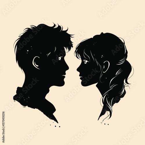 silhouette head profile of pensive young man and woman opposite each other