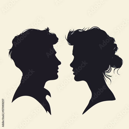 silhouette head profile of pensive young man and woman opposite each other