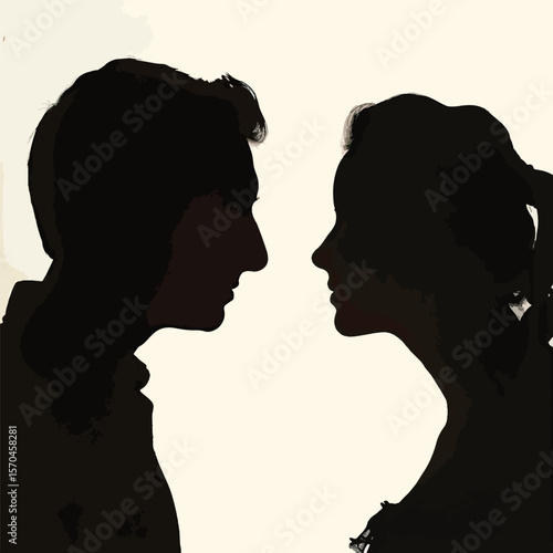 silhouette head profile of pensive young man and woman opposite each other